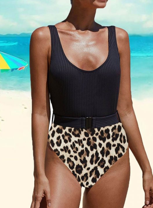 Women's One Piece Swimwear Color Block Leopard U Neck One-Piece Swimsuit