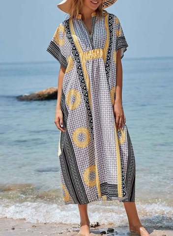 Women's Maxi Dresses Color Block Tribal Floral Short Sleeve Shift V Neck Boho Vacation Beach Maxi Dress