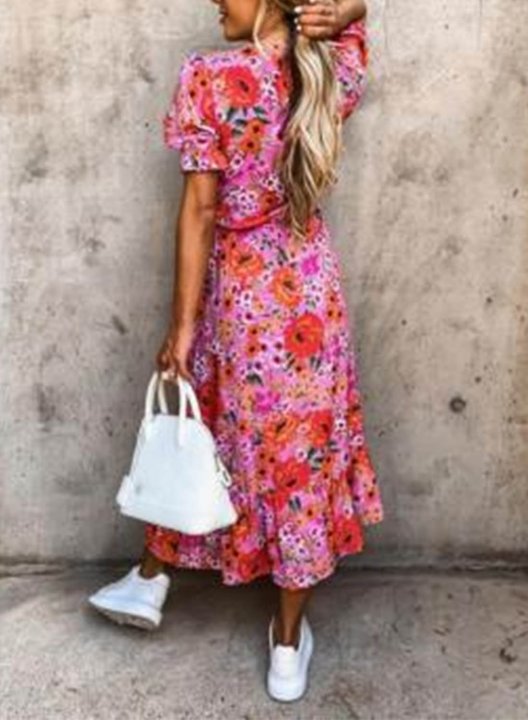 Women's Maxi Dresses Floral Short Sleeve V Neck Vacation Split Ruffle Maxi Dress