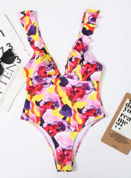 Women's One Piece Swimwear Floral V Neck Ruffle Vacation One-Piece Swimsuits One-Piece Bathing Suits