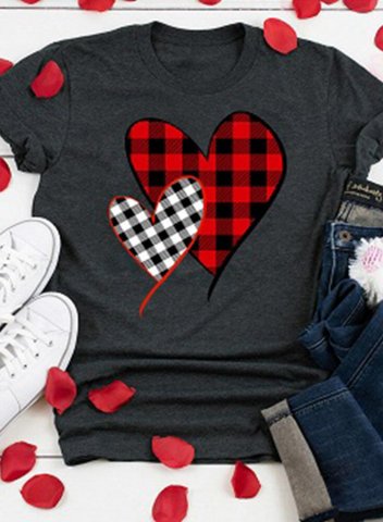 Women's T-Shirt Heart T-shirts Casual Plaid Solid Round Neck Short Sleeve Daily Shirts