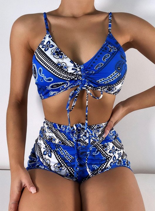 Women's Bikinis Solid Tribal High Waist Sleeveless Spaghetti Adjustable Wire-free Boho Bikini Sets