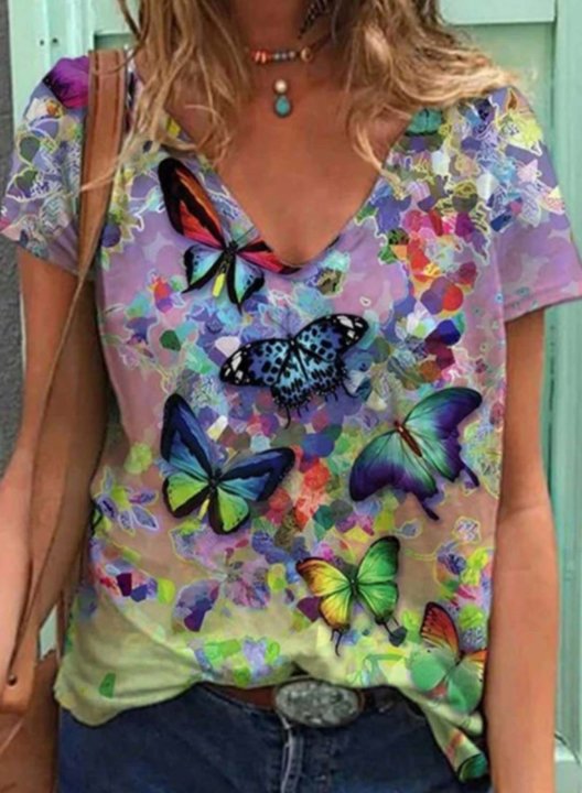 Women's T-shirts Color Block Abstract Butterfly Short Sleeve Round Neck Casual T-shirt