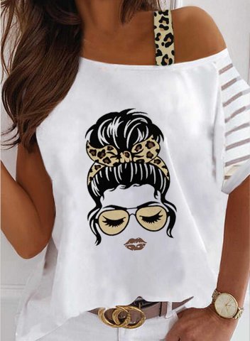 Women's T-shirts Mesh Striped Portrait Short Sleeve One shoulder Daily Casual T-shirt