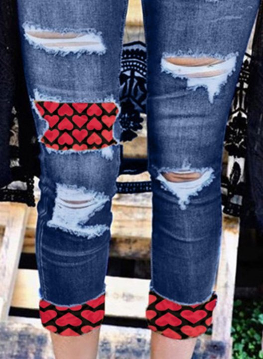 Women's Jeans Slim Mid Waist Daily Ankle-length Casual Heart-shaped Patchwork Jeans