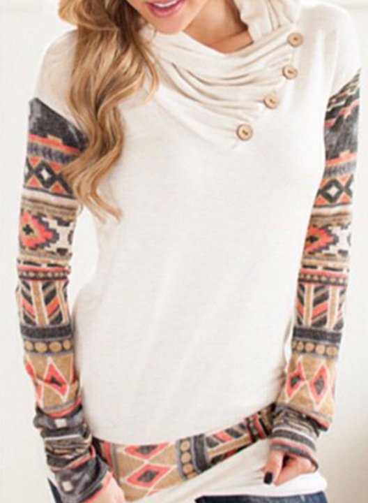 Color Block Long Sleeve Tribal Button Sweatshirt