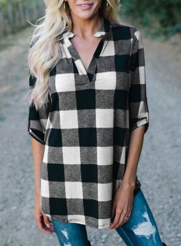 Women's Plaid V Neck Long Sleeve Shirts Casual Loose Blouse Tops