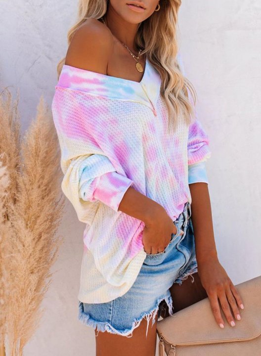 Colorful Off Shoulder Tie Dye Long Sleeve V-Neck Sweatshirt