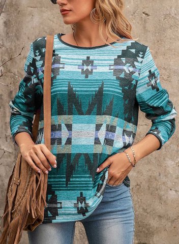 Women's Ethnic Style Geometric Aztec Sweatshirts Round Neck Long Sleeve Geometric Color Block Sweatshirts