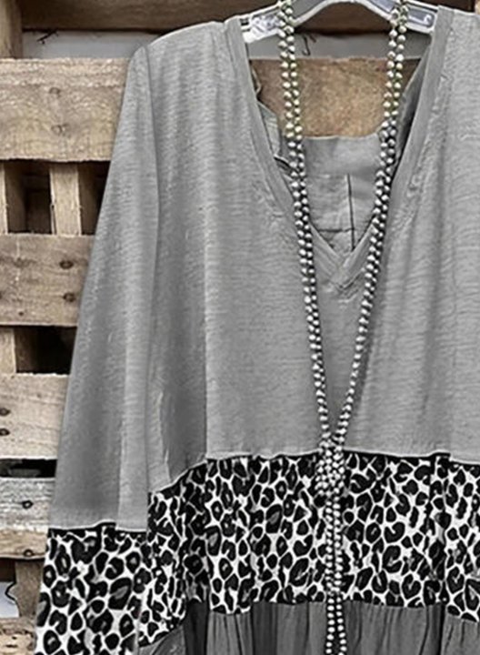 Women's Pullovers Color Block Leopard Long Sleeve V Neck Tunic Pullover