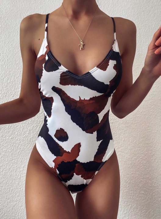 Women's One Piece Swimwear Multicolor V Neck Spaghetti Open Back Vacation Casual One-Piece Swimsuits One-Piece Bathing Suits