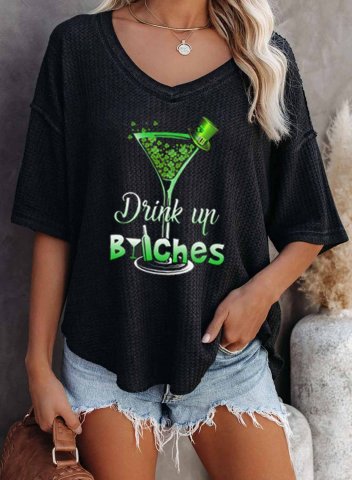 Women's Funny St Patrick's Day T-shirts Drink up Bitches Print Short Sleeve V Neck Daily T-shirt