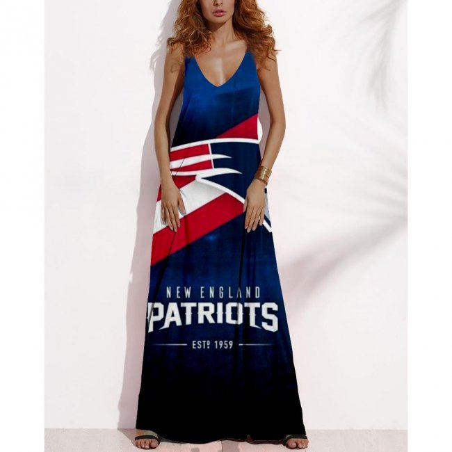 Women's Summer NEW ENGLAND PATRIOTS Fan Print V-neck Sleeveless Loose Long A-line Dress