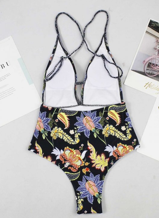 Women's One Piece Swimwear Floral V Neck Criss Cross Open Back Vacation Casual One-Piece Swimsuits One-Piece Bathing Suits