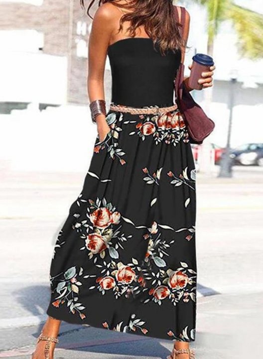 Women's Maxi Dress Floral Fit & Flare Pocket Off Shoulder Sleeveless Summer Casual Beach Maxi Dress