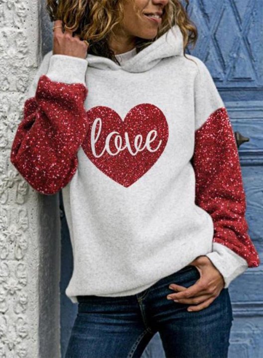 Women's Hoodies Letter Sequin Heart-shaped Color Block Long Sleeve Casual Hoodies