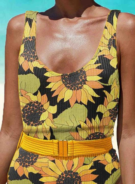 Women's One-Piece Swimsuits One-Piece Bathing Suits Belt Sunflower-prints U Neck Vintage One-Piece Swimsuit