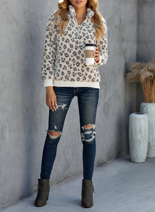 Leopard Long Sleeve High Neck Zip Sweatshirt