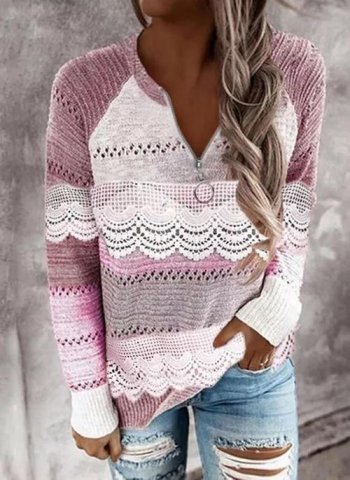 V-Neckline Color Block Casual Regular Zipper Sweaters