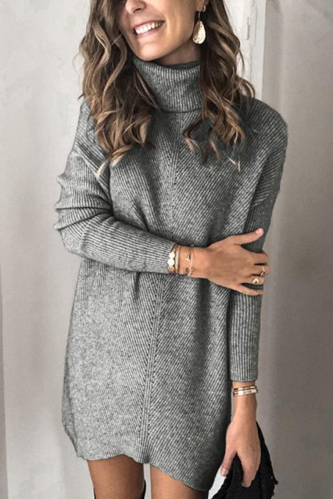 Casual Turtleneck Solid Knitted Sweater Dress