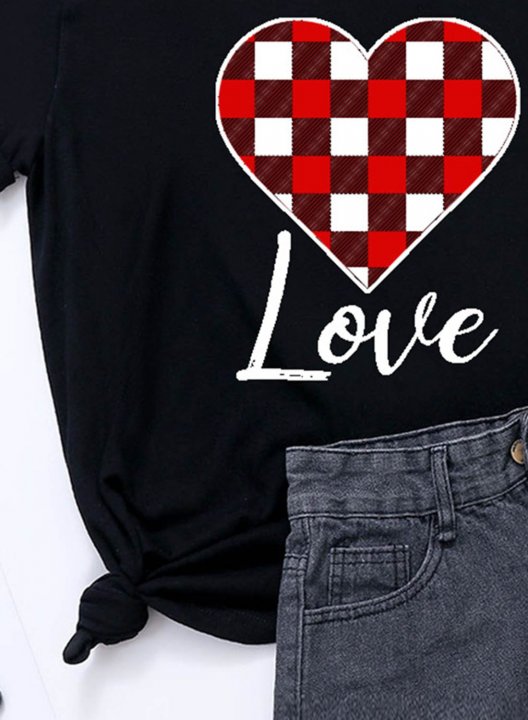 Women's T-shirts Plaid Heart Print Color Block Short Sleeve Round Neck Daily T-shirt