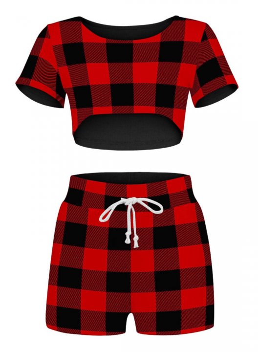 Women's Lingerie Sets Plaid V Neck Short Sleeve Wire-free Unadjustable High Waist Daily Drawstring Two-piece Sets