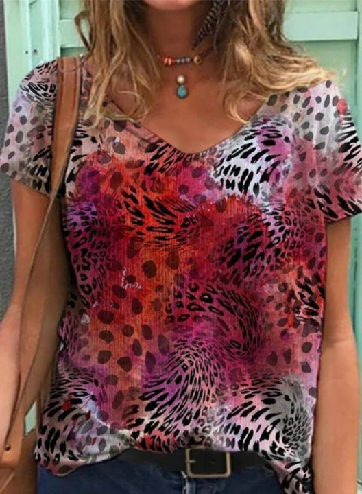 Women's T-shirts Leopard Short Sleeve V Neck Daily Casual Tunic T-shirt