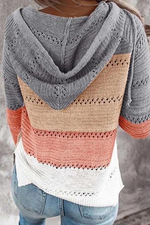 Striped Color-block Hollow Out Knitted Hooded Zipper Front Sweater