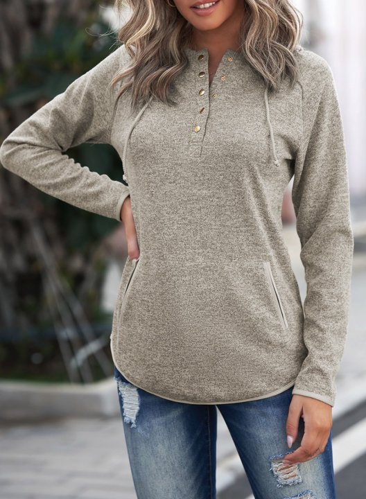 Solid V Neck Button Long Sleeve Hoodie