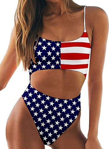 Women's One Piece Swimwear Color Block American Flag 4th Of July Spaghetti Cut Out One-Piece Swimsuit