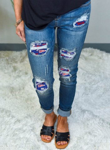 Women's Buffalo Bills Jeans Casual Mid Waist Slim Color Block Full Length Jeans