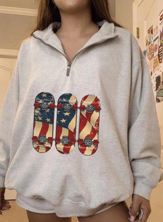 Women's Sweatshirts American Flag Print Long Sleeve Zip High Neck Sweatshirt