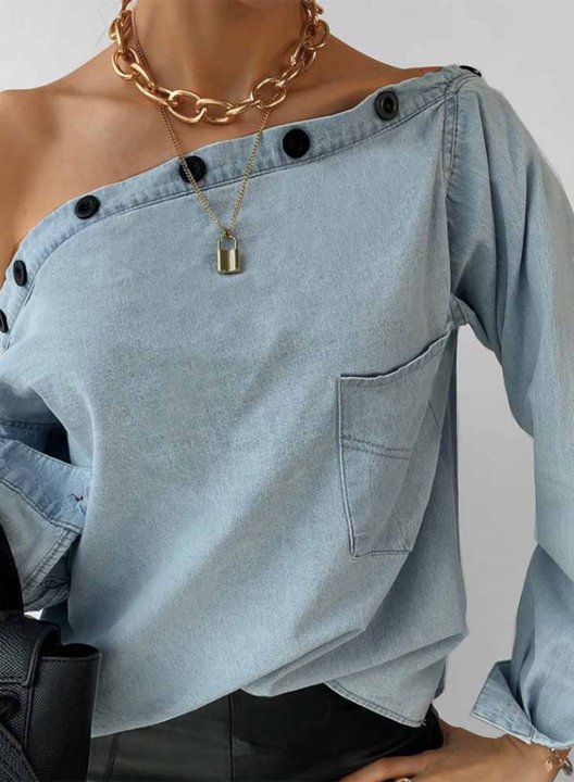 Women's Pullovers Solid Long Sleeve Button Asymmetrical Cold-shoulder Pullover