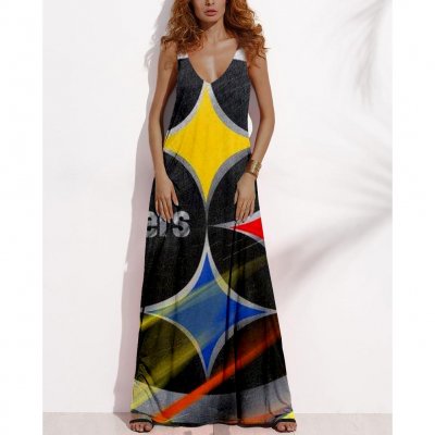Women's Summer PITTSBURGH STEELERS Fan Print V-neck Sleeveless Loose Long A-line Dress