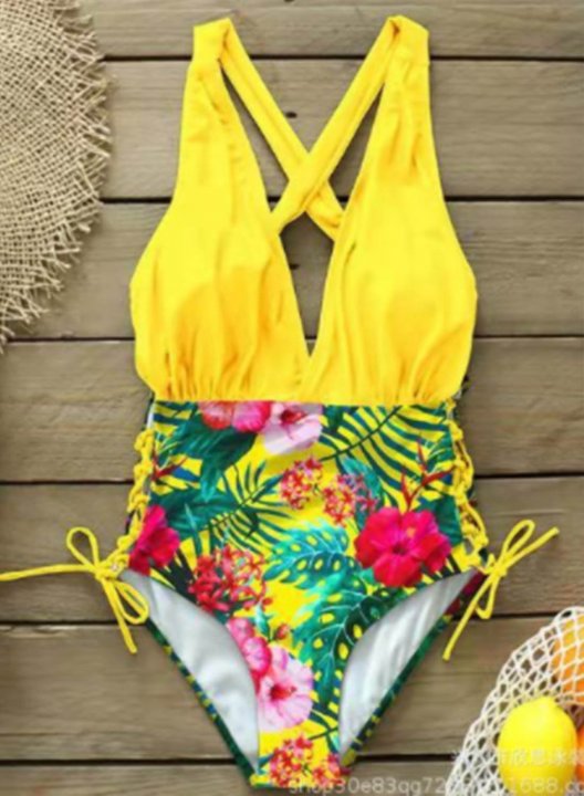 Women's One Piece Swimwear Tropical Color Block V Neck Knot Vacation Basic One-Piece Swimsuits One-Piece Bathing Suits