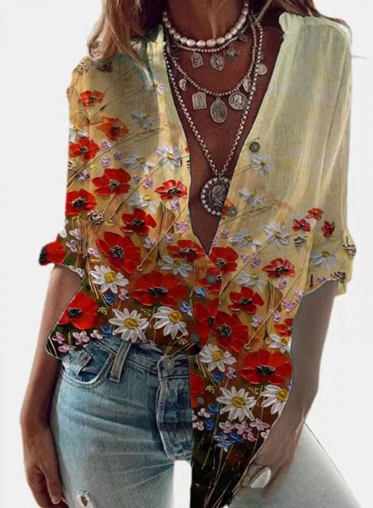 Women's Shirts Color-block Floral Long Sleeve Turn Down Collar Daily Shirt