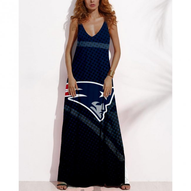 Women's Summer NEW ENGLAND PATRIOTS Fan Print V-neck Sleeveless Loose Long A-line Dress