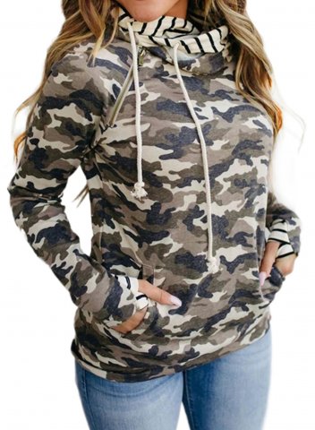 Camo Long Sleeve Cowl Neck Drawstring Hooded Sweatshirt