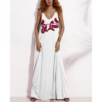 Women's Summer ST. LOUIS CARDINALS Fan Print V-neck Sleeveless Loose Long A-line Dress