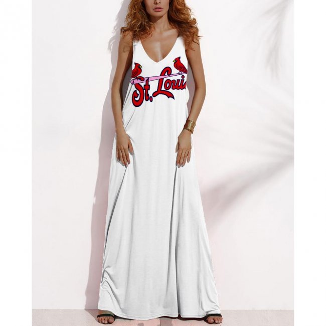 Women's Summer ST. LOUIS CARDINALS Fan Print V-neck Sleeveless Loose Long A-line Dress