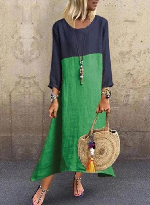 Women's Maxi Dresses Color Block Long Sleeve A-line Round Neck Casual Daily Maxi Dress