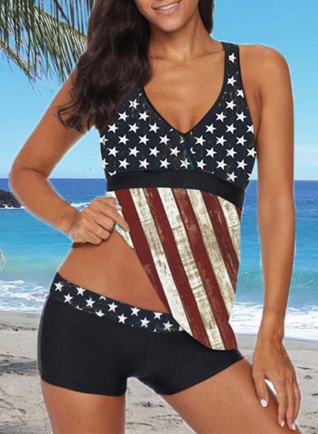 Women's Tankini Set American Flag Padded Mid Waist V Neck Tankini Set