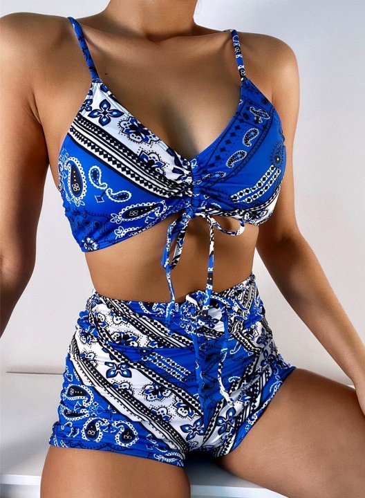 Women's Bikinis Solid Tribal High Waist Sleeveless Spaghetti Adjustable Wire-free Boho Bikini Sets
