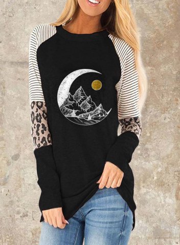 Women's T-Shirt Striped Leopard Landscape Long Sleeve Round Neck Daily Tunic Tops