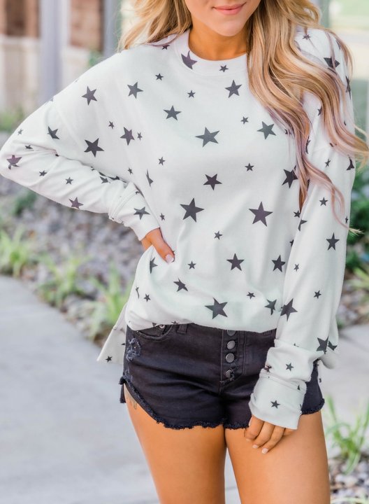 Women Star Print Long Sleeve Round Neck Tunics