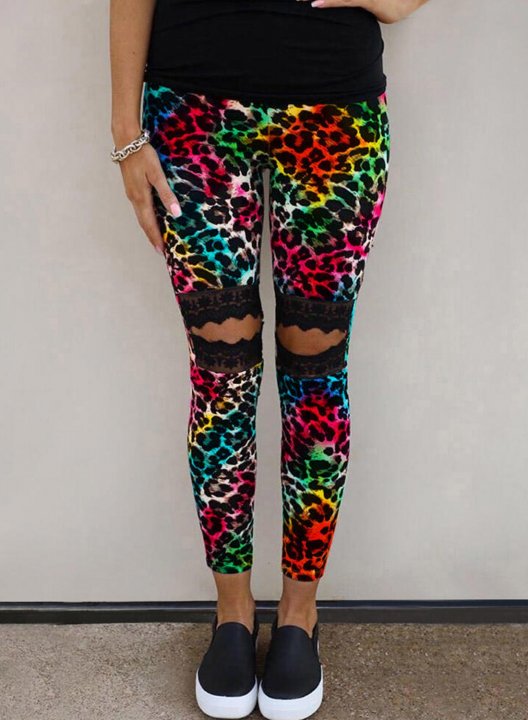 Women's Leggings Slim Cut-out Lace Leopard Mid Waist Full Length Casual Leggings