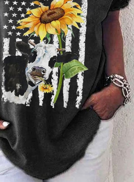 Women's T-shirts Sunflower American Flag Print Short Sleeve V Neck Casual Daily T-shirts