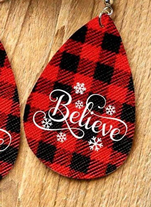 Christmas Buffalo Plaid Snowflake Believe Water Drop Earrings