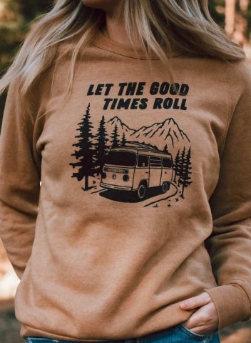 Women's Let the Good Times Roll Print Sweatshirts Color Block Letter Mountain Print Long Sleeve Round Neck Casual Sweatshirt