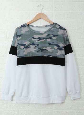 Camouflage/Color Block Long Sleeve Round Neck Basic Sweatshirt